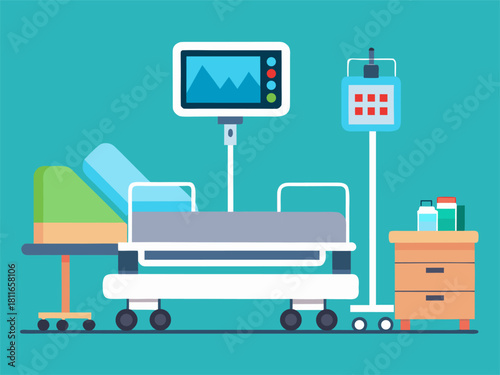 Hospital bed with monitor. Modern patient room in clinic. Flat vector illustration