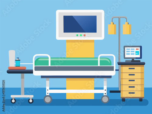 Clinic patient bed and equipment. Modern patient room in clinic. Flat vector illustration