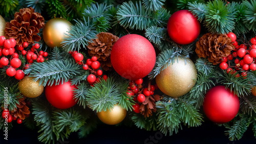 赤と金のオーナメントと松ぼっくりで彩られた豪華なクリスマスの装飾