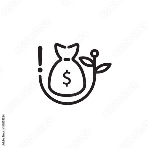 Minimal outline icon showing a money bag with a sprouting plant and exclamation mark, symbolizing financial growth, investment alerts, eco-funding, risk awareness, and sustainable economy concepts.