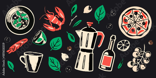 Hand drawn italian food and drink illustration on dark background