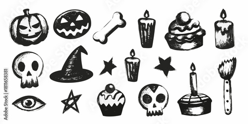Grunge halloween elements collection pumpkins skulls candles stars and witch hat