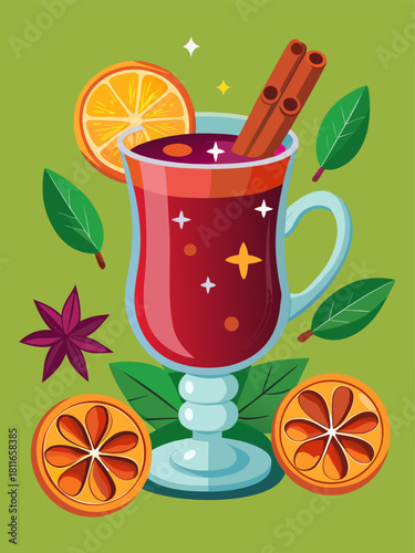 Glass mug of hot mulled wine with aromatic spices. Cartoon vector illustration