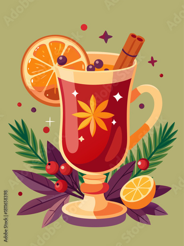 Mulled wine with orange slices cinnamon and spice. Cartoon vector illustration