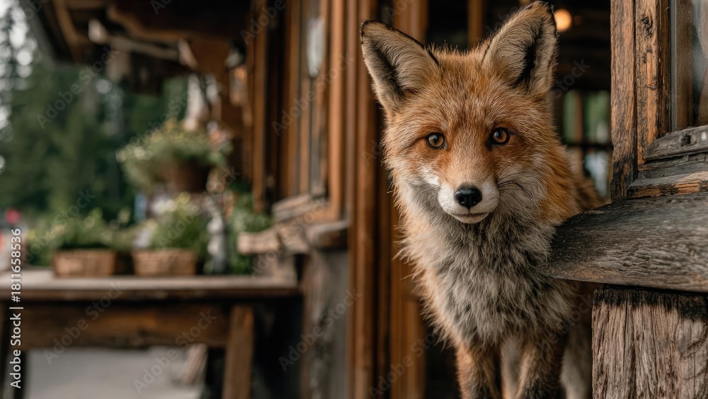 Naklejka premium Curious red fox peeks from the doorway of a rustic wooden cabin, with a blurred garden in the background. Concept Curious red fox, rustic wooden cabin doorway, blurred garden background