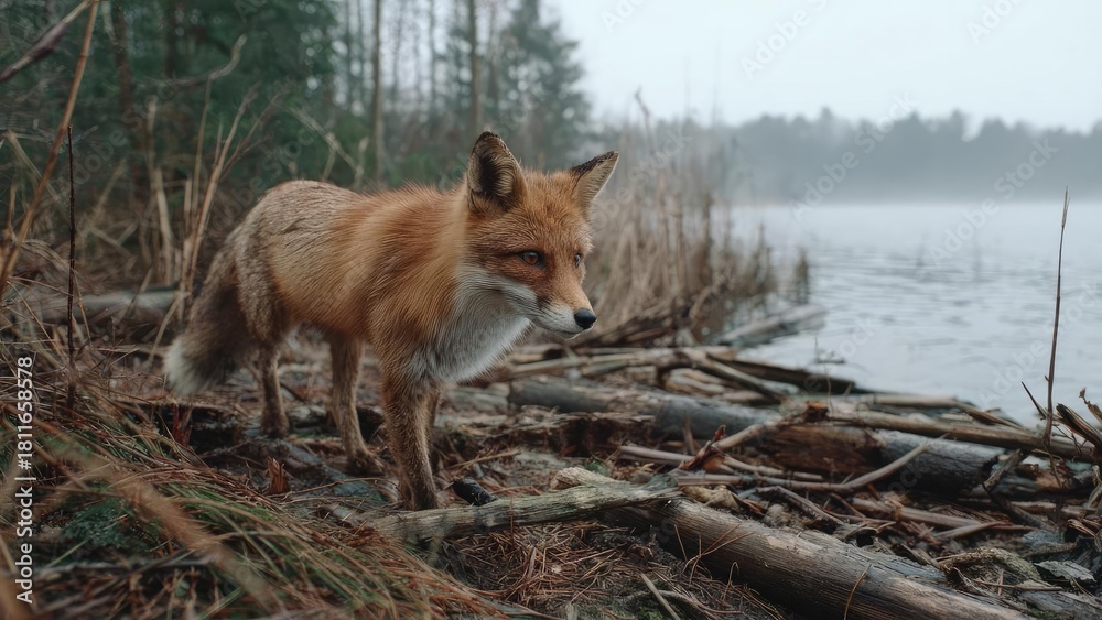 Fototapeta premium A red fox standing among fallen logs on a misty lakeshore with a forest in the background. Concept Red fox among fallen logs at a misty lakeshore, Misty lakeshore with forest backdrop