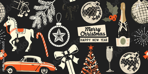 Retro christmas and new year illustration with vintage car and decorations