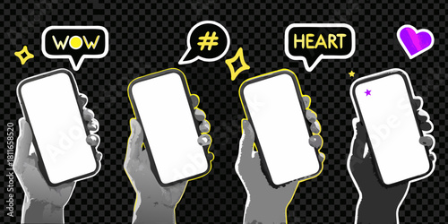 Hands holding smartphones with chat bubbles and icons on a transparent background