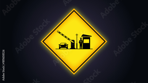 Warning sign showing car at barrier with a guard standing near a booth, minimalist illustration style