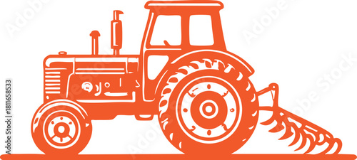 Orange tractor illustration featuring large wheel and front end graphic