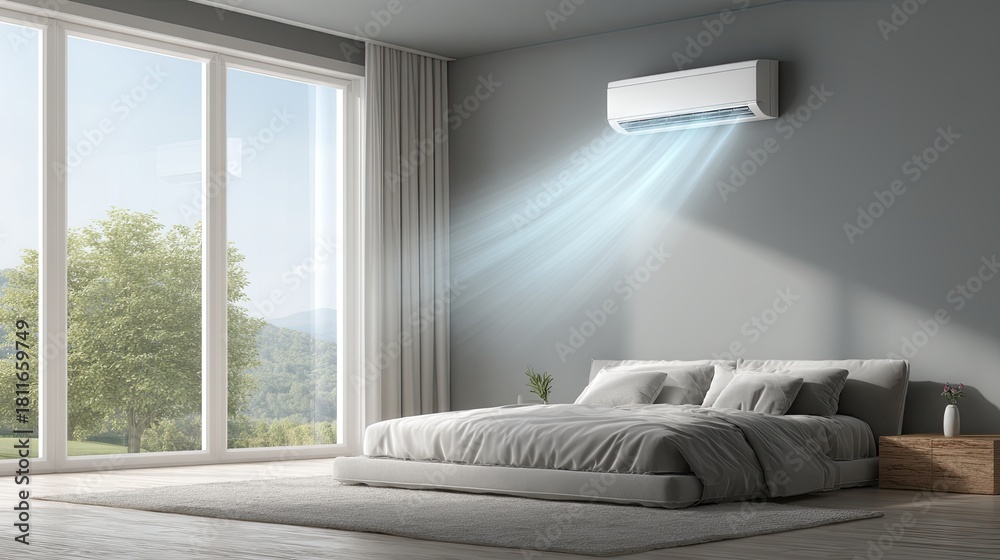 Fototapeta premium A modern bedroom featuring an air conditioning unit, large windows with natural light, and a serene view of nature outside.