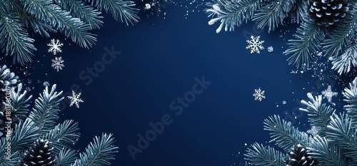 Blue Winter Background with Snow-Covered Pine Branches and Snowflakes