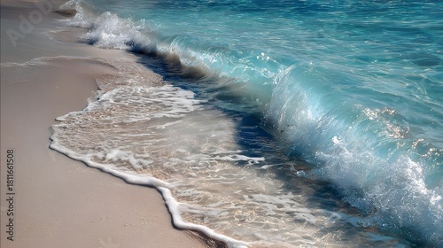 Fototapeta Naklejka Na Ścianę i Meble -  Crystal clear turquoise ocean wave breaking onto white sand beach
