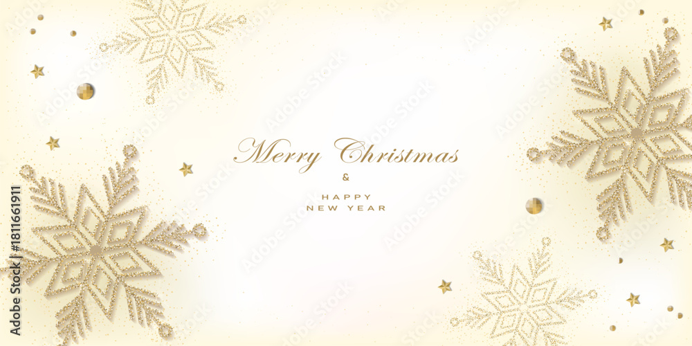 Fototapeta premium Greeting card with christmas snowflakes made from gold glitter, stars and christmas balls on white background.New year them. Vector illustration.