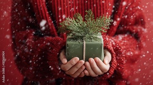 Gift in Green Wrapping Paper with Pine Sprig, Held by Hands in Red Knitted Sweater, Snowflakes Falling in Background