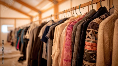 A row of colorful coats and knitted sweaters on hangers along a wooden clothing rack in a cozy shop. Concept Cozy boutique display, Colorful coats and knitted sweaters, Wooden clothing rack