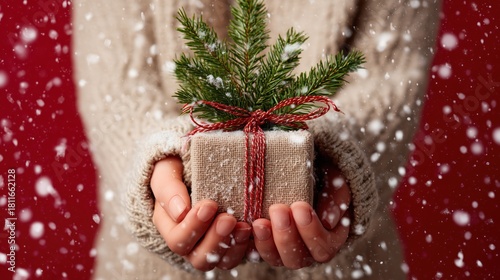 Cozy Winter Gift with Snowflakes and Fir Branch