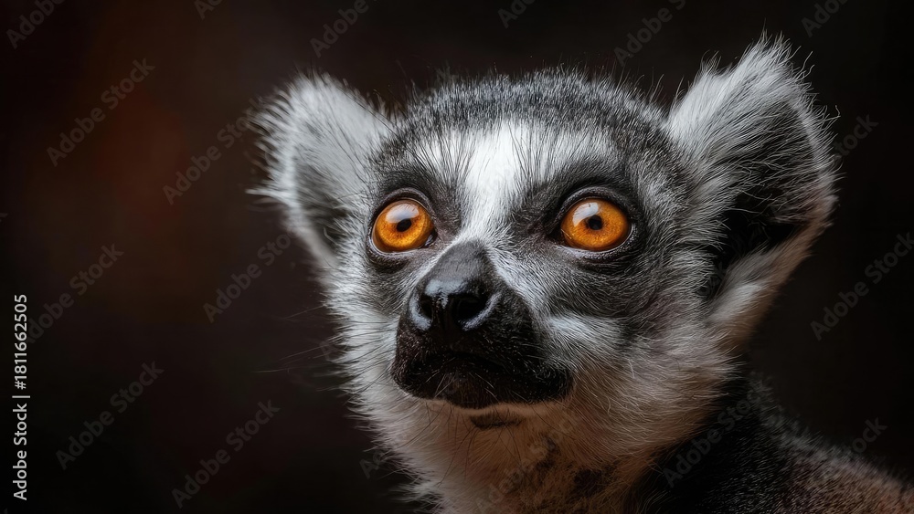 Obraz premium Close-up of a black-and-white lemur with bright orange eyes, fluffy ears, and a curious expression. Concept Close-up wildlife portrait, Black-and-white lemur, Bright orange eyes, Fluffy ears