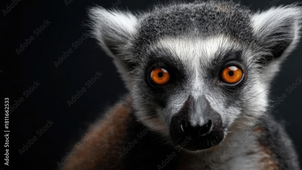 Obraz premium Close-up of a lemur's face with vivid orange eyes against a dark background. Concept Close-up Wildlife Portrait, Lemur Eyes, Orange Eyes, Dark Background, Macro Photography