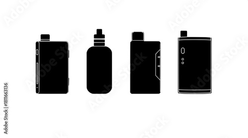 “A set of four vape device silhouettes—box mod, rounded mod, slim pen vape, and minimalist mod—displayed in a horizontal row with equal spacing, solid black forms with white outline accents, modern mi