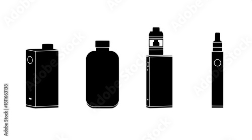 “A set of four vape device silhouettes—box mod, rounded mod, slim pen vape, and minimalist mod—displayed in a horizontal row with equal spacing, solid black forms with white outline accents, modern mi