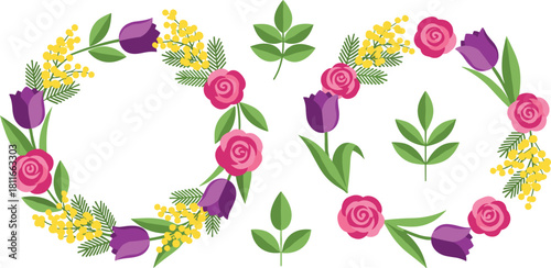 Two floral wreaths with tulips and roses and scattered leaves