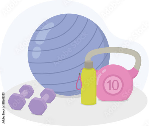 Fitness still life composition with gym equipment. Exercise ball, dumbbells, kettlebell, and water bottle. 