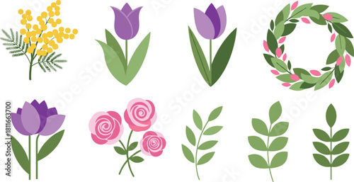 Collection of watercolor spring flowers and greenery elements