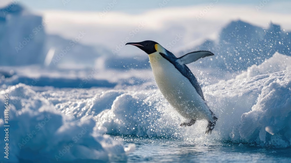 Fototapeta premium Emperor penguin leaping from icy water onto a snow-covered ice floe, spray flying as it lands. Concept Emperor penguin, Icy water leap, Snow-covered ice floe, Spray splash, Wildlife action shot