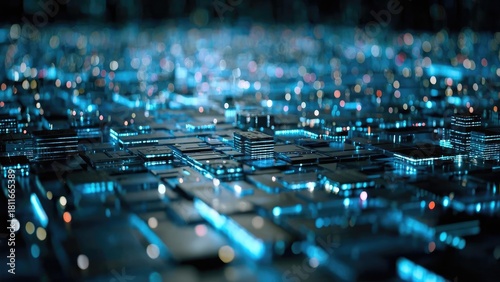 Blue-lit high-tech circuit board with glowing chips and neon-lit pathways. Concept Futuristic tech aesthetics, Neon blue circuitry, Glowing chips, Blue-lit pathways, High-tech design