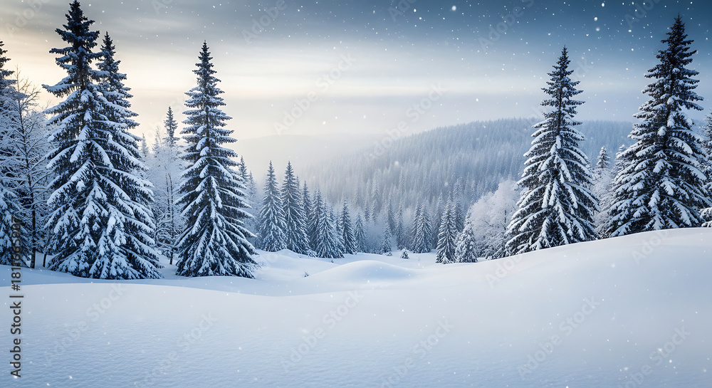 Obraz premium Seasonal Decor Aesthetics for Holiday Themes: Snowy Winter Landscape with Copy Space and Blurry Forest Background
