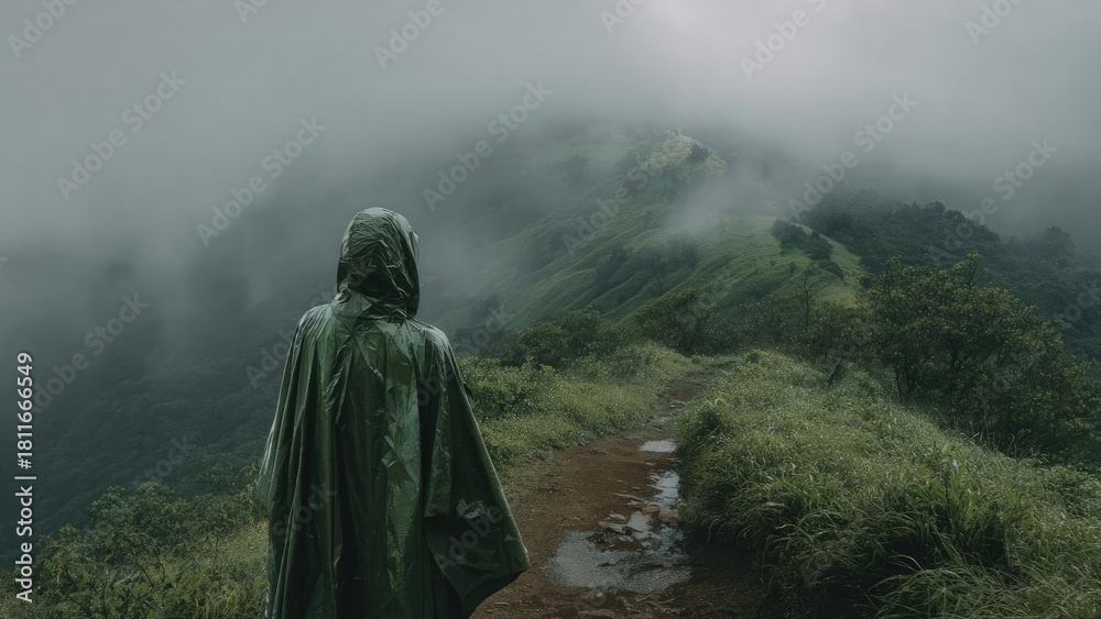 Fototapeta premium Person in a green rain poncho standing on a misty mountain trail, surrounded by foggy green hills. Concept Misty mountain portrait, Green poncho on trail, Foggy green hills