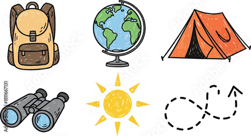 A set of six hand-drawn icons representing travel, adventure, and exploration themes.