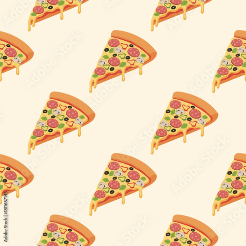 A slice of pizza with melting cheese, pepperoni, mushrooms, olives, basil, and bell pepper rings. Vector Illustration