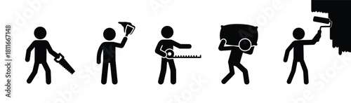 Icon of people building, stickman holding tools, working