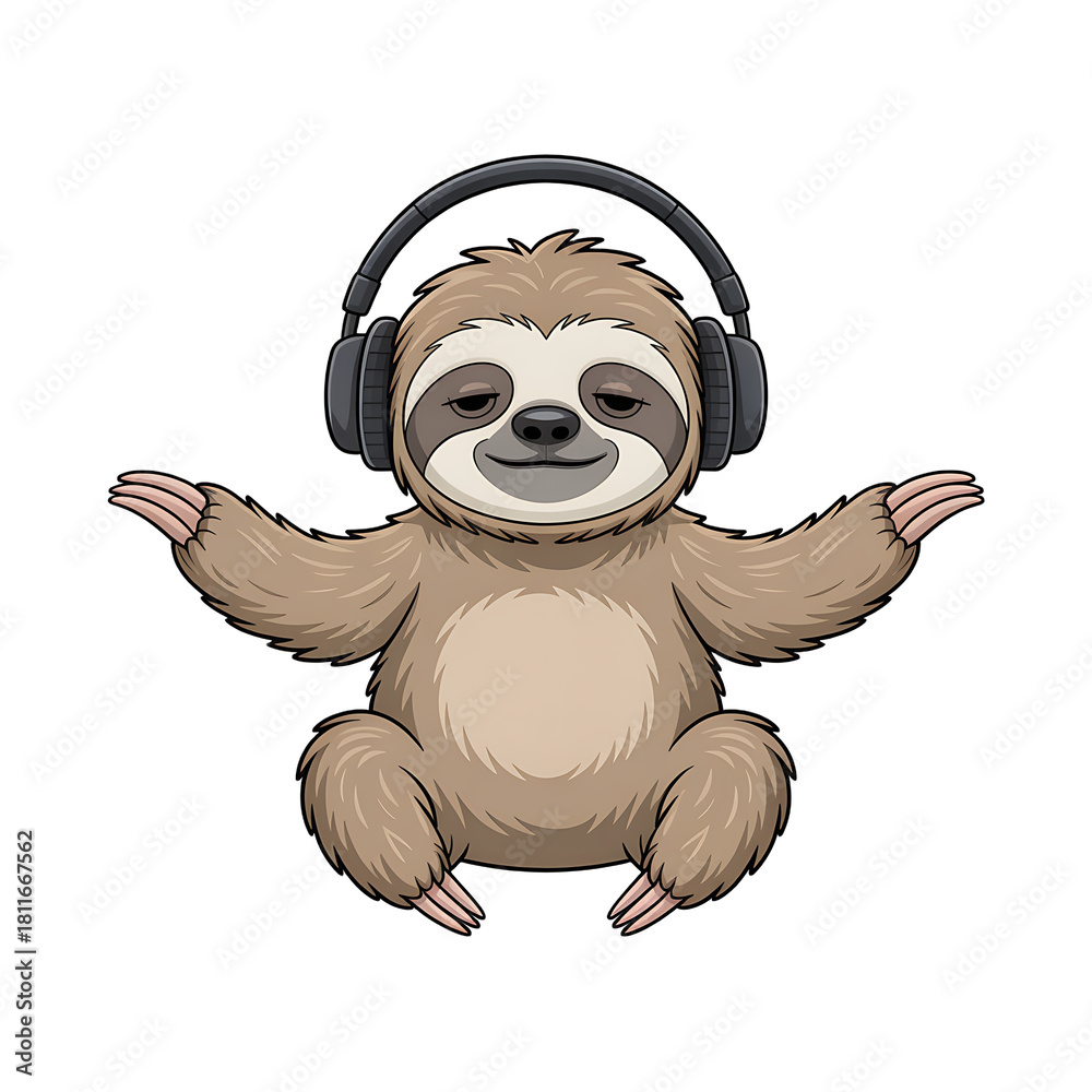 Naklejka premium Cartoon Sloth Wearing Headphones and Meditating