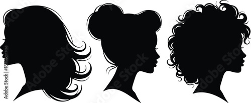 Silhouettes of three women with different hairstyles — elegant female profile set perfect for beauty, fashion, or diversity themes
