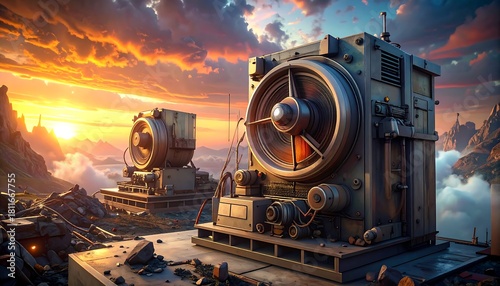 Two large industrial machines sit atop a structure against a sunset