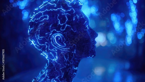 Fototapeta Naklejka Na Ścianę i Meble -  Side profile of a human head made from glowing blue dots and lines, like a digital hologram. Concept Side-profile head portrait, Glowing blue dot matrix, Digital hologram style