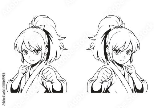 Two angry anime girl fighter pose in martial art uniform isolated on