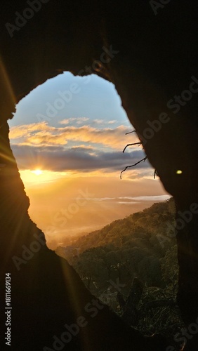 sunrise through a burned out hole in a tree