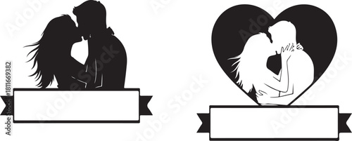 Romantic Couple Silhouette Kissing with Heart and Banner Graphic Elements