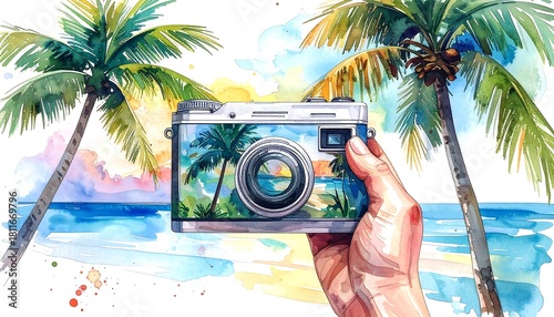 Watercolor depiction of a camera capturing a tropical landscape