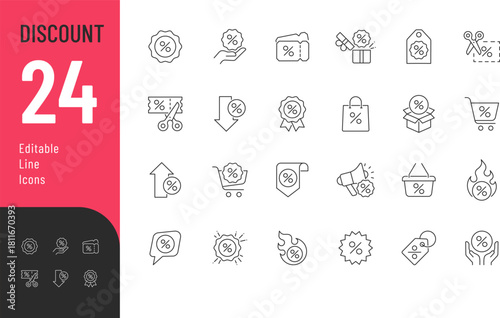 Discount Line Editable Icons set. Vector illustration in modern thin style featuring discount symbols, sale tags, coupons, and more. E-commerce and marketing design. Isolated on transparent background