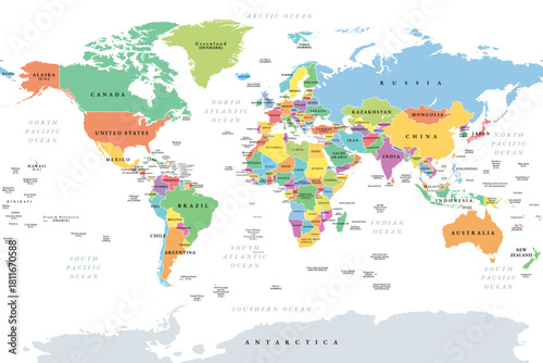 Countries of the world, multi colored political map, with international borders, main oceans, largest lakes and seas. Cylindrical projection. English labeling. Isolated illustration over white. Vector