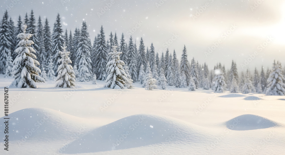 Obraz premium Seasonal Decor Aesthetics for Holiday Themes: Snowy Winter Landscape with Copy Space and Blurry Forest Background