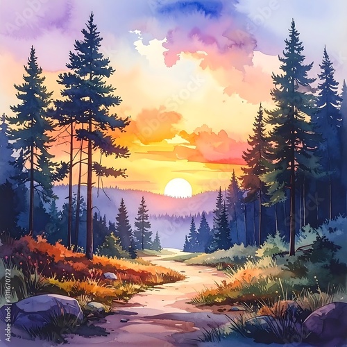 Watercolor painting of a forest path leading towards the vibrant sunset