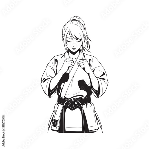 Anime style female martial artist in fighting stance isolated on
