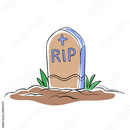 Cartoon gravestone with RIP inscription and grass around  