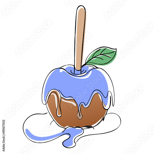 Caramel apple coated in blue icing with melting drizzle and leaf  